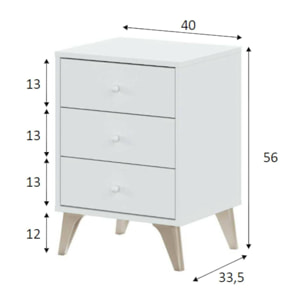 Comodino Attina, Comodino a 3 cassetti, Tavolino da notte, 40x34h56 cm, Bianco e Rovere