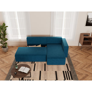 Topaze - canapé d'angle droit 4 places convertible avec coffre sans accoudoir en velours côtelé - Bleu