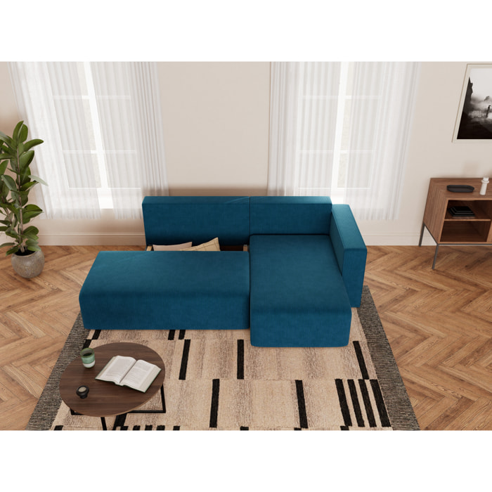 Topaze - canapé d'angle droit 4 places convertible avec coffre sans accoudoir en velours côtelé - Bleu