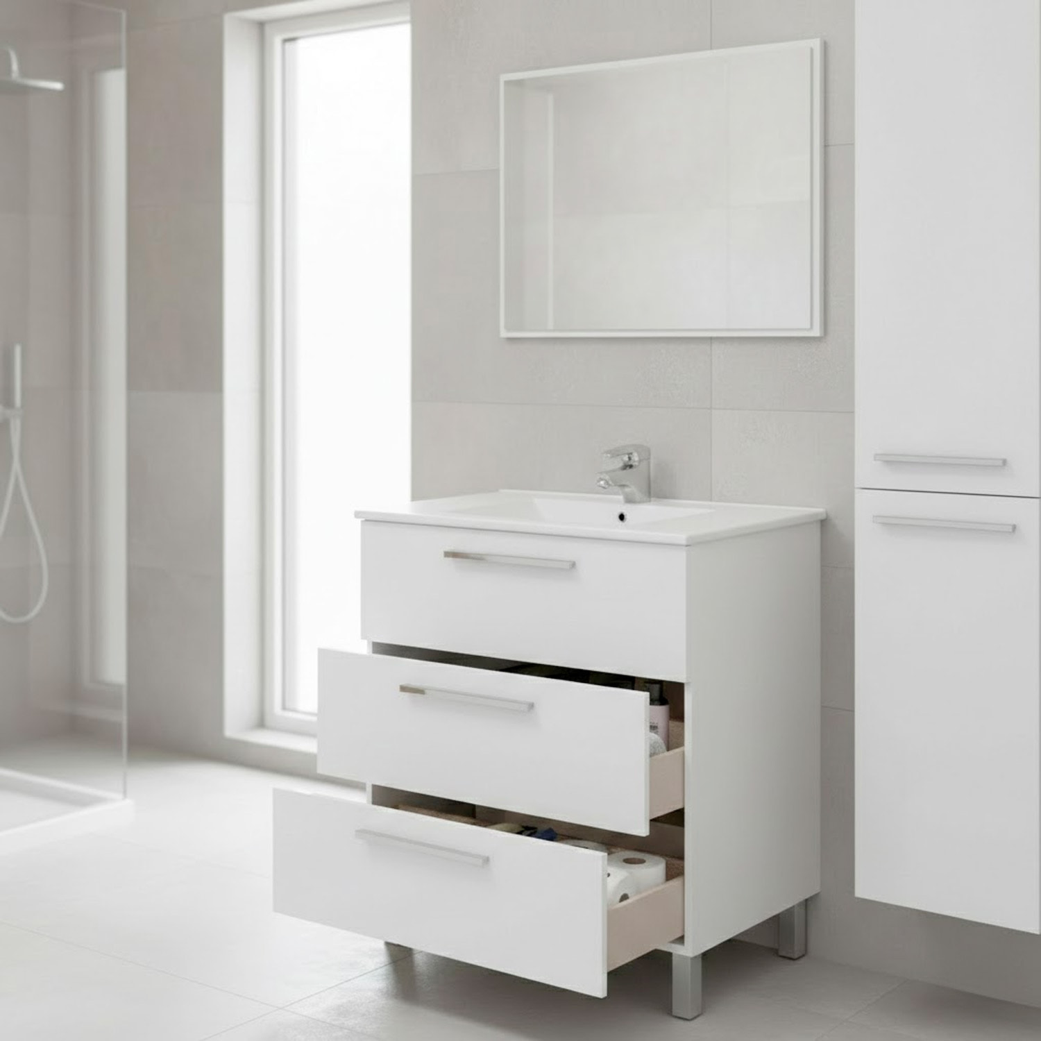 Mobile Bagno A Terra Con 3 Cassetti Lavabo In Ceramica E Specchio 77 x 50 Cm Inclusi Design Moderno Salvaspazio Elegante 80 x 45 x 86 Cm Colore Bianco