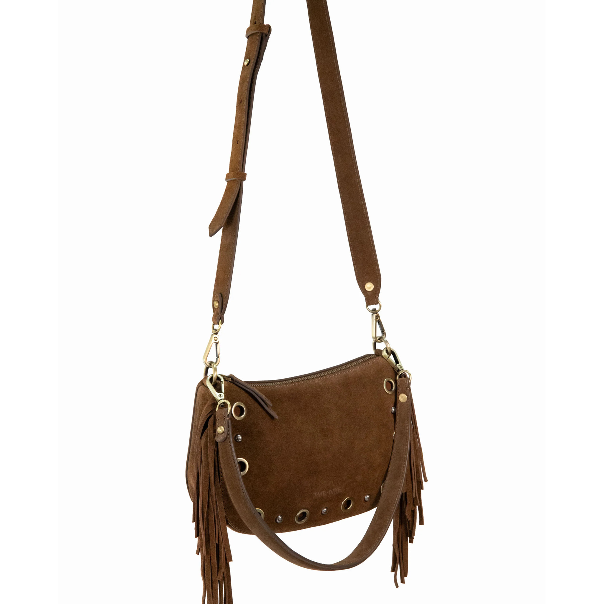 Bolso de ante marrón con flecos y tachuelas doradas