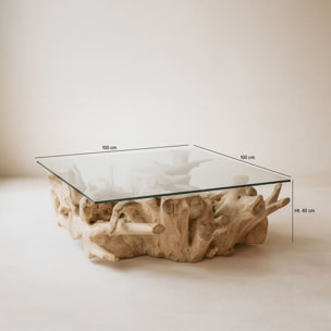 Table basse en racine de teck et plateau en verre 105cm