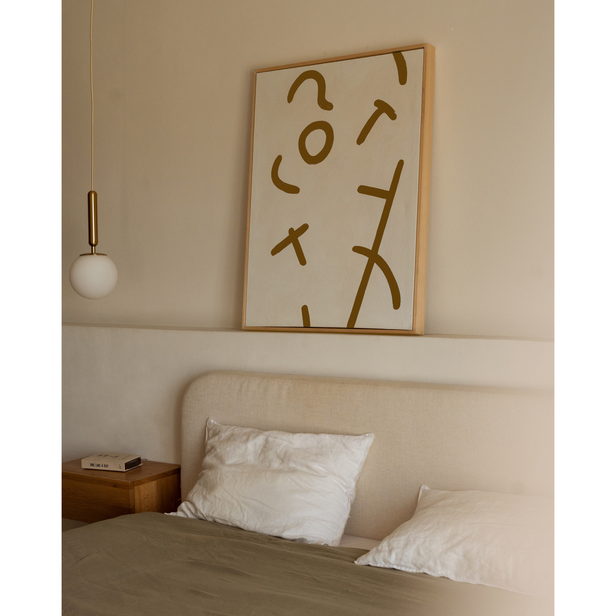 Tableau beige et marron décoratif sur coton avec cadre en bois peint à la main à la peinture à l'huile en différentes tailles