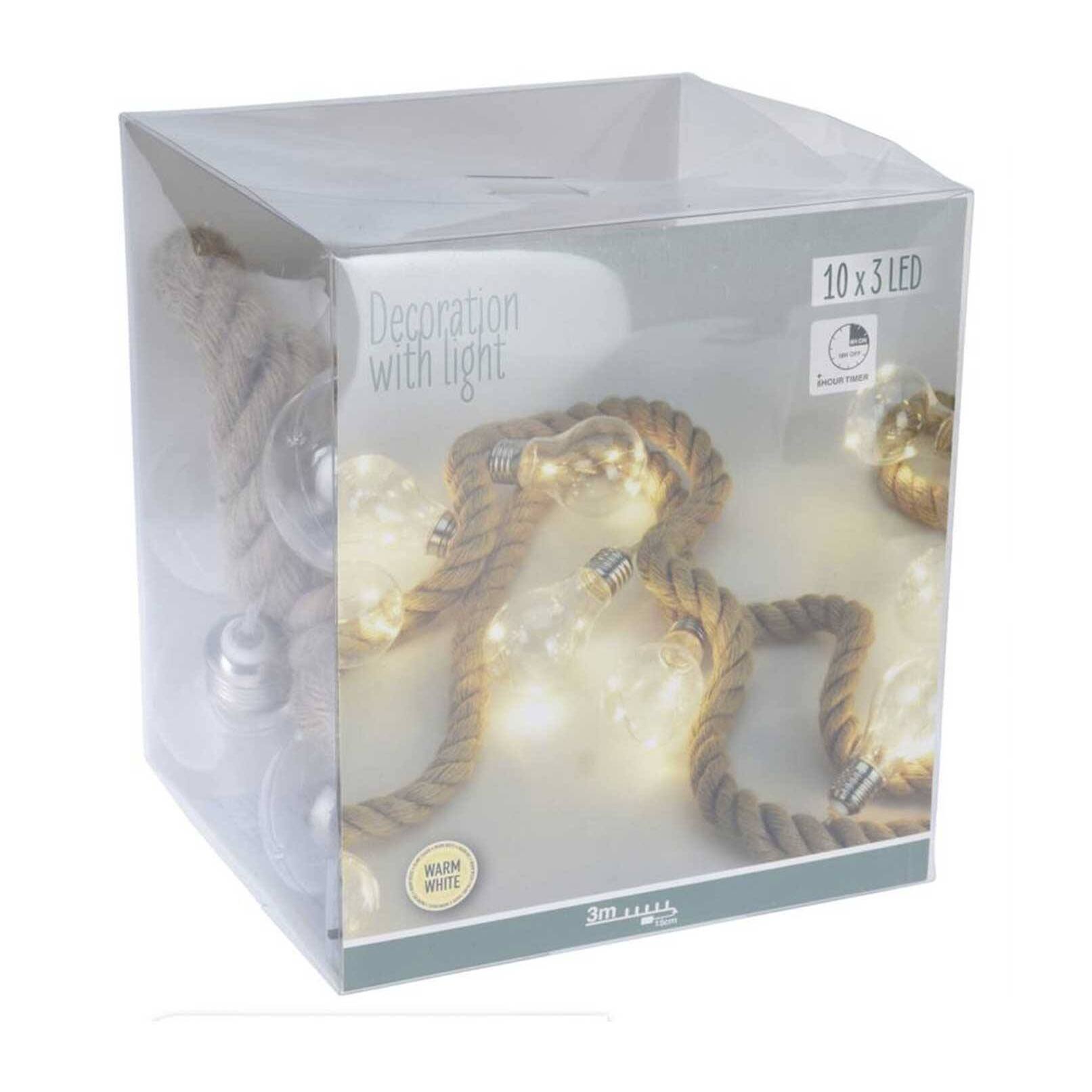 guirnalda en cuerda de yute con 30 luces led de luz calida