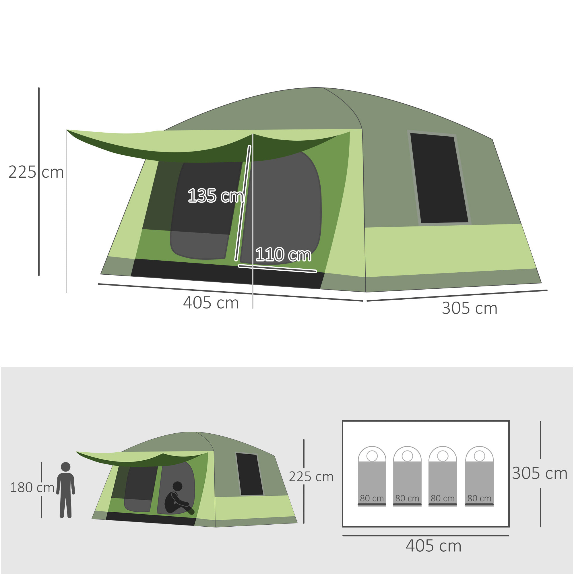Tente de camping familiale avec porche 4 à 8 personnes sac de transport inclus vert