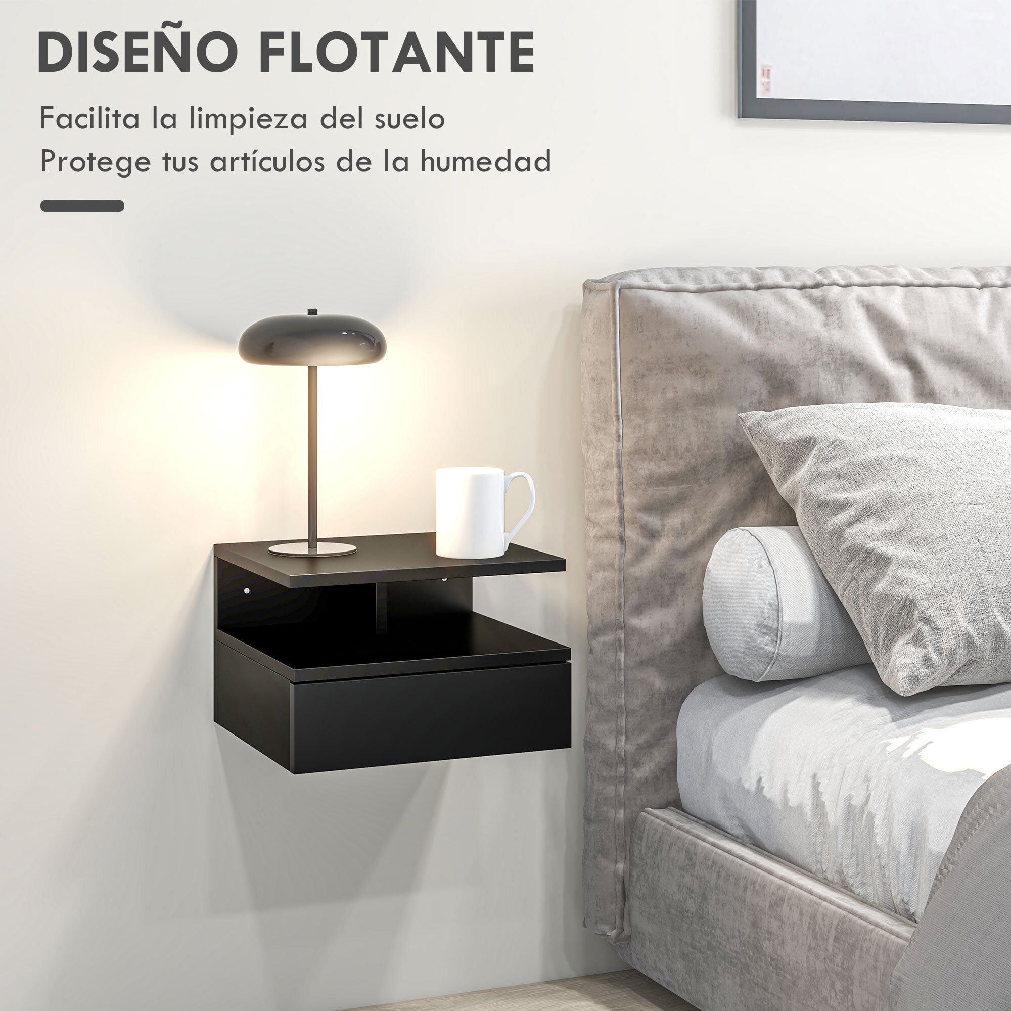 HOMCOM Set de 2 Mesitas de Noche Flotantes con 1 Cajón y Estante Abierto Diseño Moderno Montado en la Pared 35x32x22,5 cm Negro