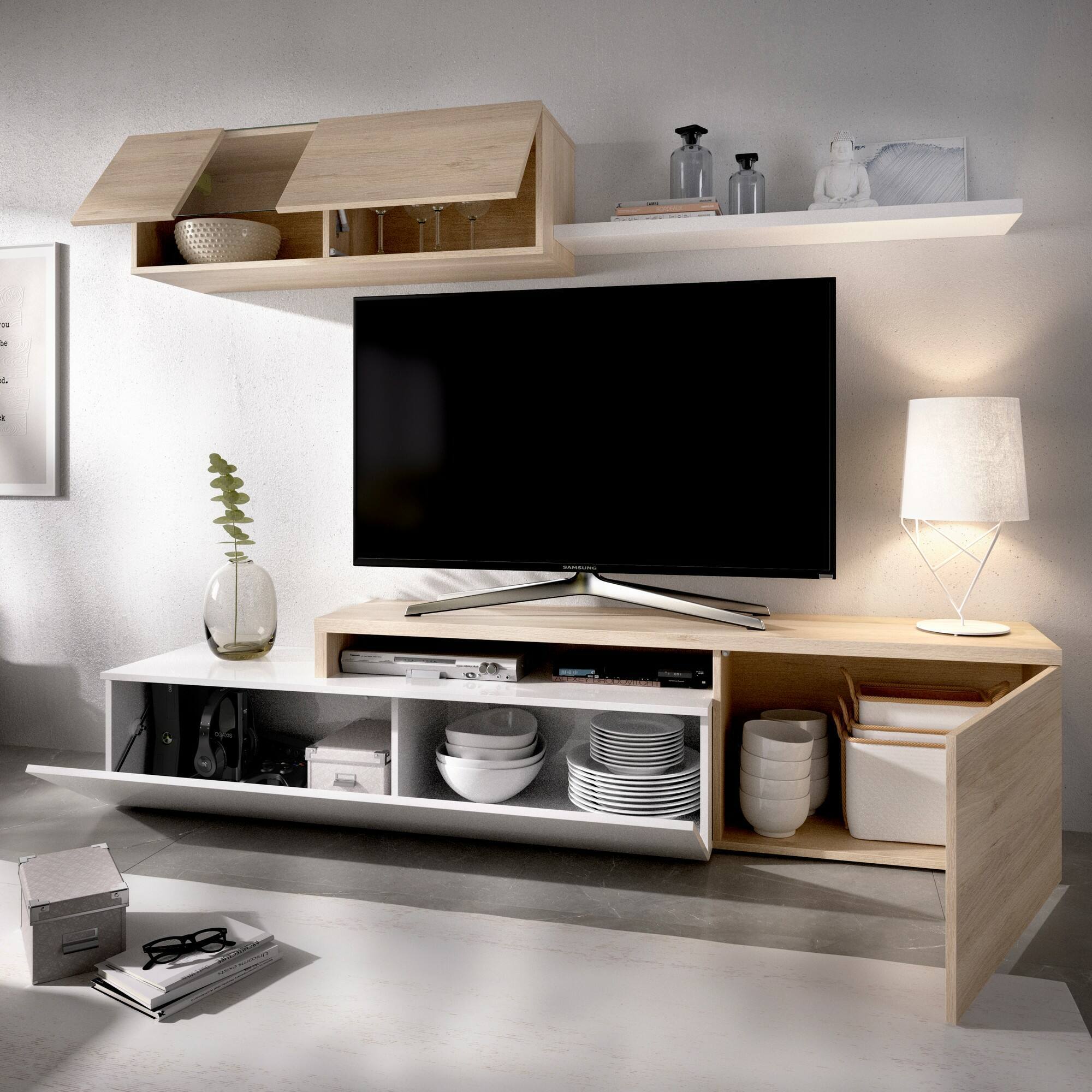 Parete attrezzata Baker, Set da soggiorno modulare ad angolo, Mobile salotto porta TV multiposizione, 201x41h180 cm, Bianco e Rovere