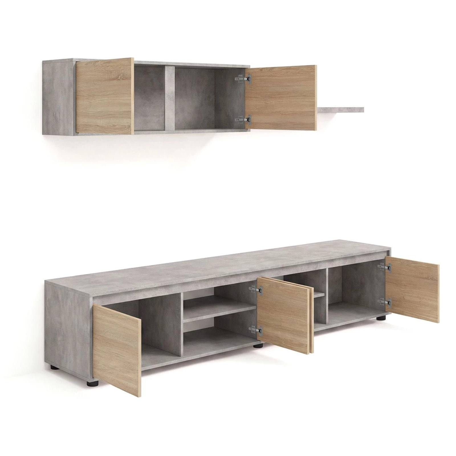 Salón con mueble de TV y estantería en gris cemento y roble canadian 200 cm Arlet Gris Cemento - Roble Canadian