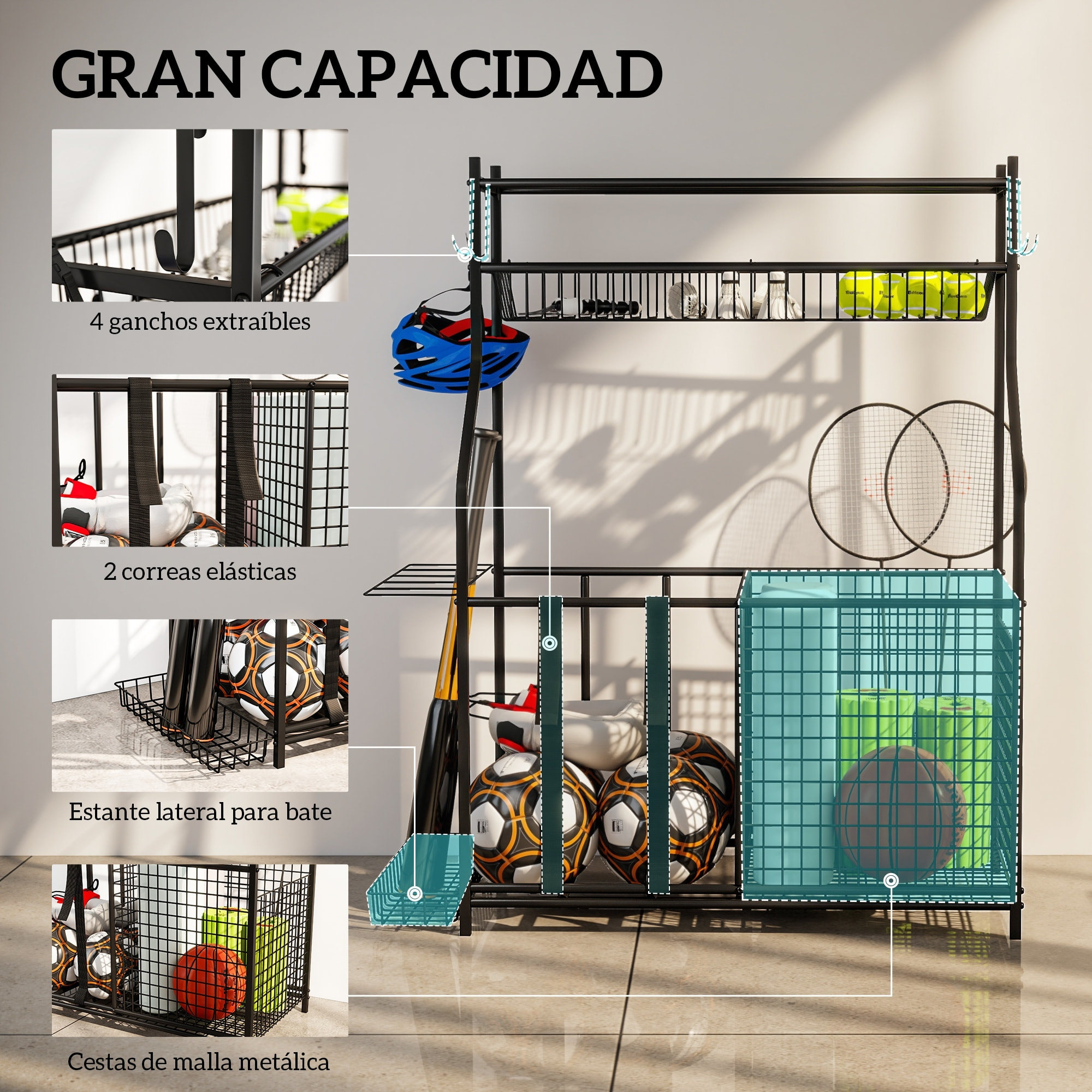 Organizador de Equipos Deportivos, Almacenamiento de Bolas de Garaje con Cesta, Ganchos Extraibles y Bandas Elásticas, Soporte para Balones de Baloncesto, Fútbol, para Casa Gimnasio o Escuela