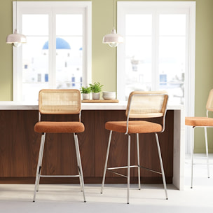 Lot de 2 chaises de bar en cannage et tissu bouclé, piètement chromé - MUSE