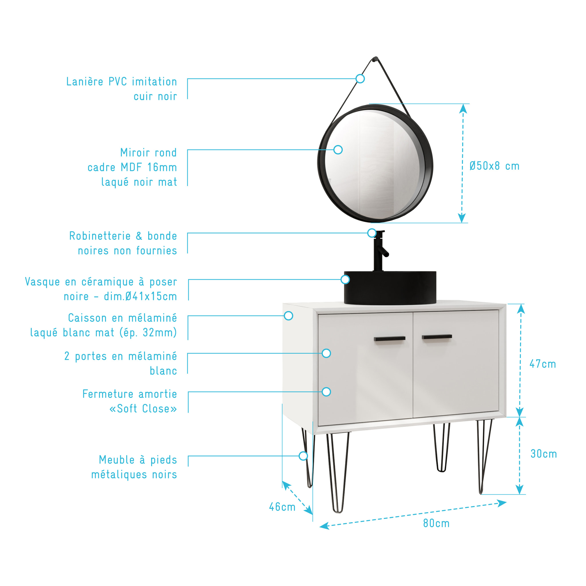 Meuble Salle de Bains 80cm Blanc et Noir sur pieds - 2 portes - Vasque Ronde et Miroir Barbier Noir