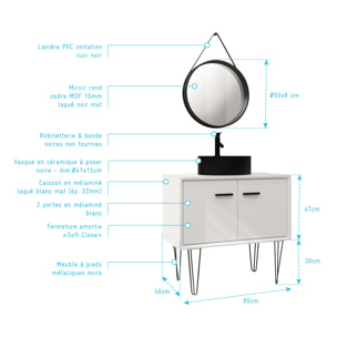 Meuble Salle de Bains 80cm Blanc et Noir sur pieds - 2 portes - Vasque Ronde et Miroir Barbier Noir