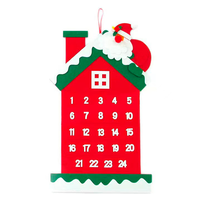 Calendario de adviento con diseño de casa con chimenea y Papa Noel para colgar. 59cm.