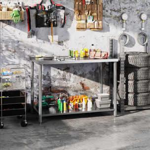 HOMCOM Mesa de Trabajo de Acero Inoxidable con 2 Estantes, Banco de Trabajo Taller Resistente para Cocina, Garaje, Carga 100 kg, 120x60x86 cm, Plata