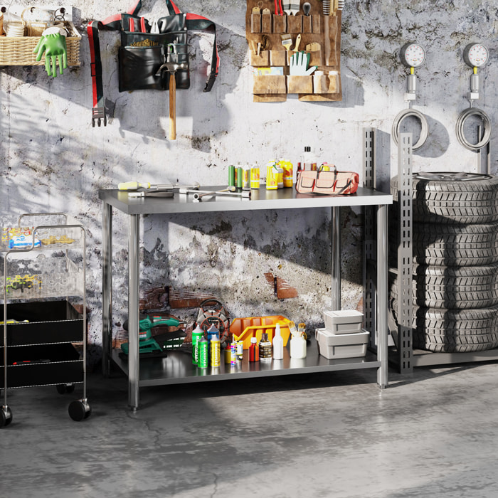 HOMCOM Mesa de Trabajo de Acero Inoxidable con 2 Estantes, Banco de Trabajo Taller Resistente para Cocina, Garaje, Carga 100 kg, 120x60x86 cm, Plata