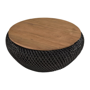 SIXTINE - Table basse ronde diam65 plateau bois teck recyclé rotin noir