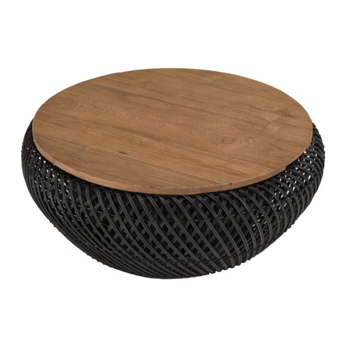 SIXTINE - Table basse ronde diam65 plateau bois teck recyclé rotin noir
