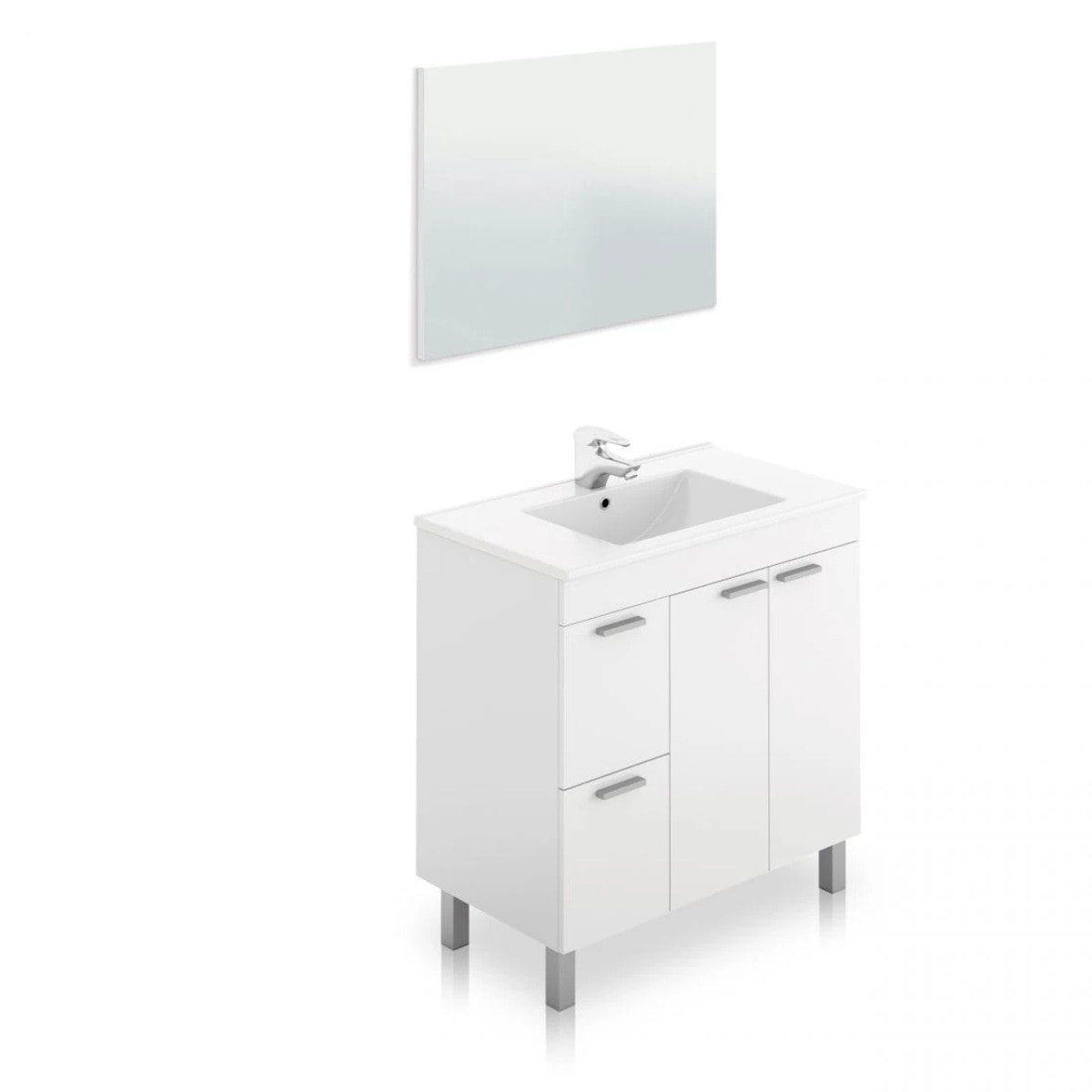 Mueble de baño de 2 cajones, 2 puertas y espejo en blanco brillo 45x80 cm Liz Blanco Brillo