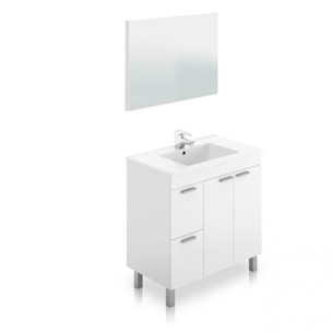 Mueble de baño de 2 cajones, 2 puertas y espejo en blanco brillo 45x80 cm Liz Blanco Brillo
