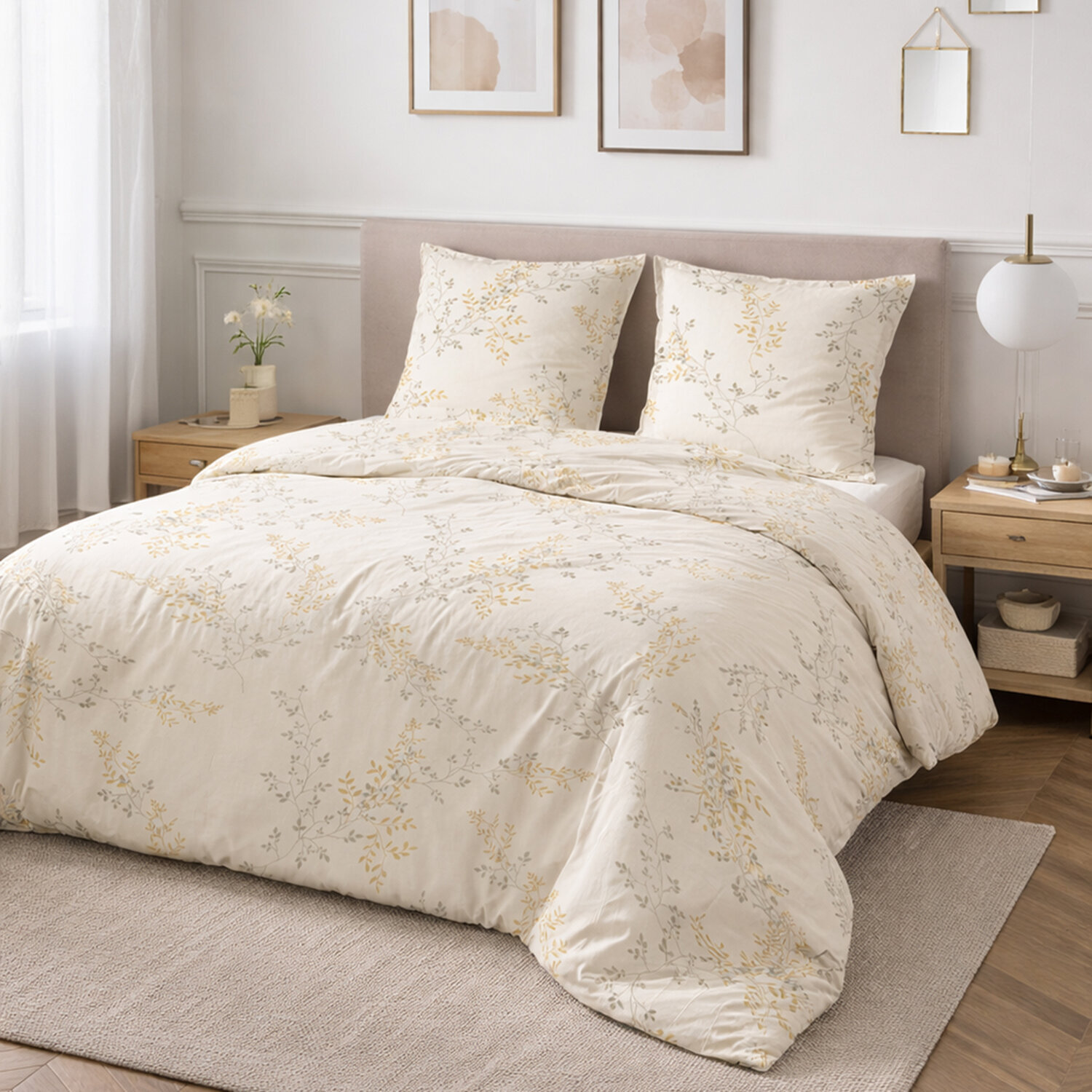 Parure housse de couette avec taie 100% satin de coton - Thea Imprimé Feuillage Beige