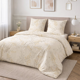 Parure housse de couette avec taie 100% satin de coton - Thea Imprimé Feuillage Beige
