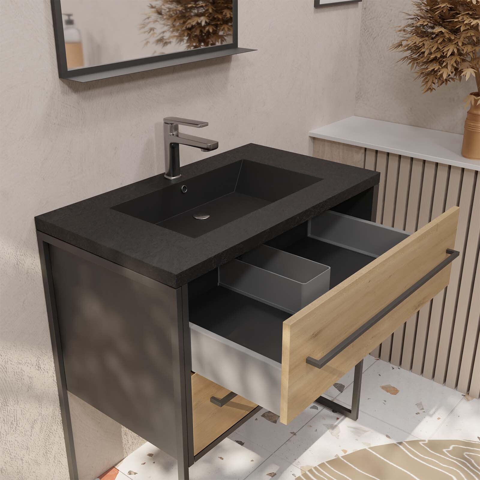 Pack Meuble Salle de Bain 80 cm Noir Mat & Bois 2 Tiroirs - Vasque Noire Effet Pierre - Miroir