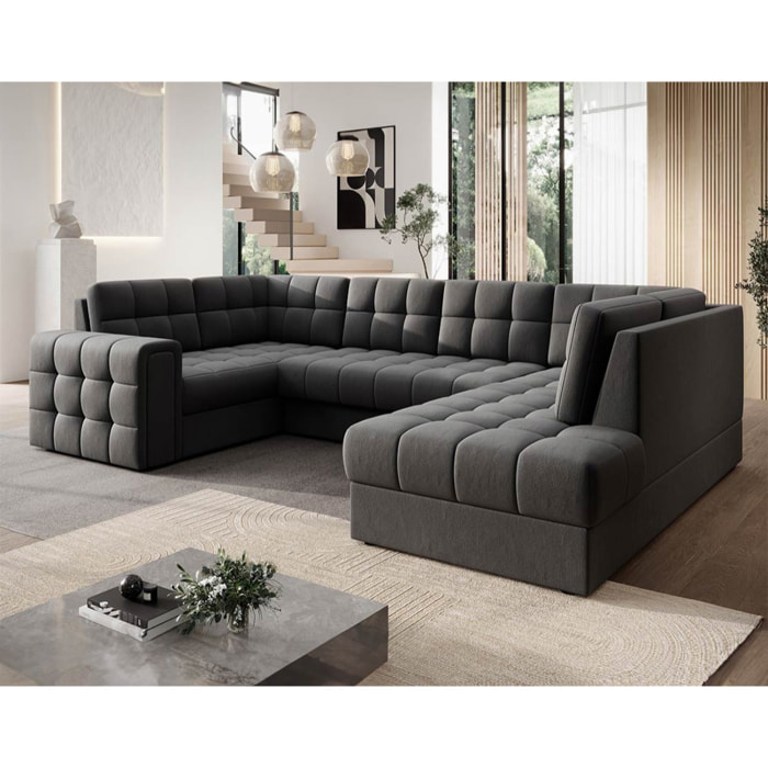 Nappa - Canapé panoramique d'angle gauche 7 places convertible avec coffre en velours - Gris