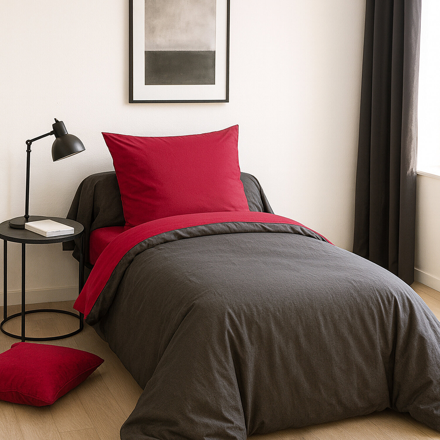 Parure housse de couette 100% coton bicolore - fushia et anthracite