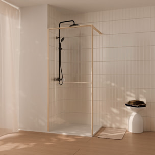 Paroi de douche 90x200cm - Cadre et étagère finition chêne clair - Verre 8mm anticalcaire - ETHAN