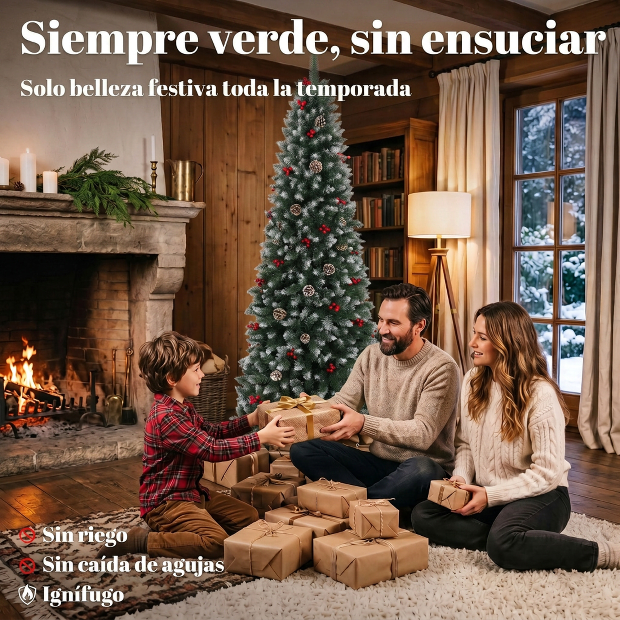 HOMCOM Árbol de Navidad Lápiz 210 cm, Árbol de Navidad Artificial Nevado con 818 Ramas, Bayas Rojas, Piñas, Base Metálica Plegable, Apertura Automática, Decoración Navideña para Salón, Interior, Verde