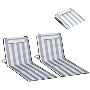Conjunto de 2 Esterillas de Playa Plegables, Esterillas con Respaldo Reclinable en 5 Niveles, Reposacabezas y Bolsa de Transporte, 134x48x33-43 cm, Rayas Blanco y Gris