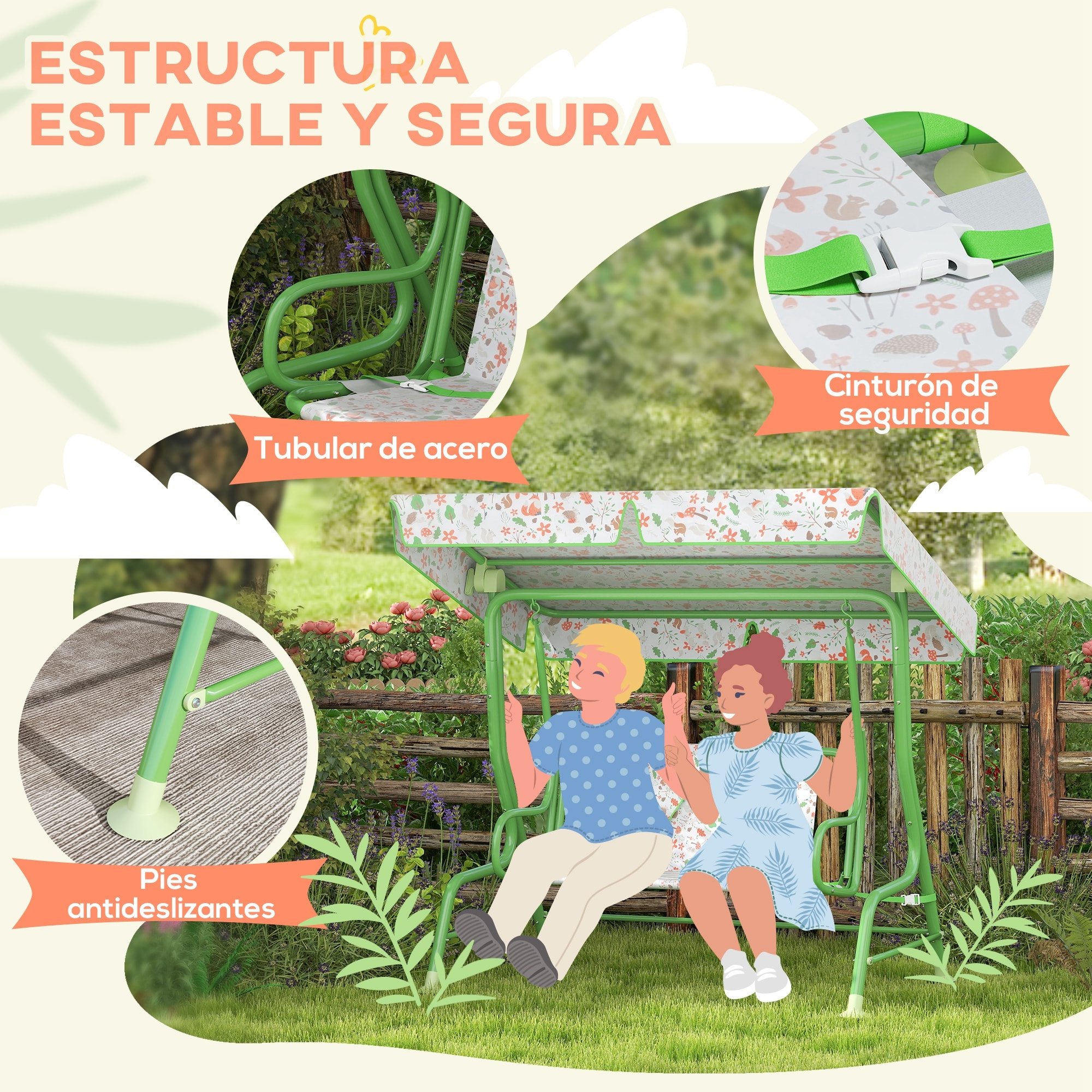 Columpio de Jardín Exterior para Niños de +3 Años Balancín de Jardín Exterior de 2 Plazas con Toldo Ajustable Arnés de Seguridad y Estampados Bonitos 112x75x120 cm Verde
