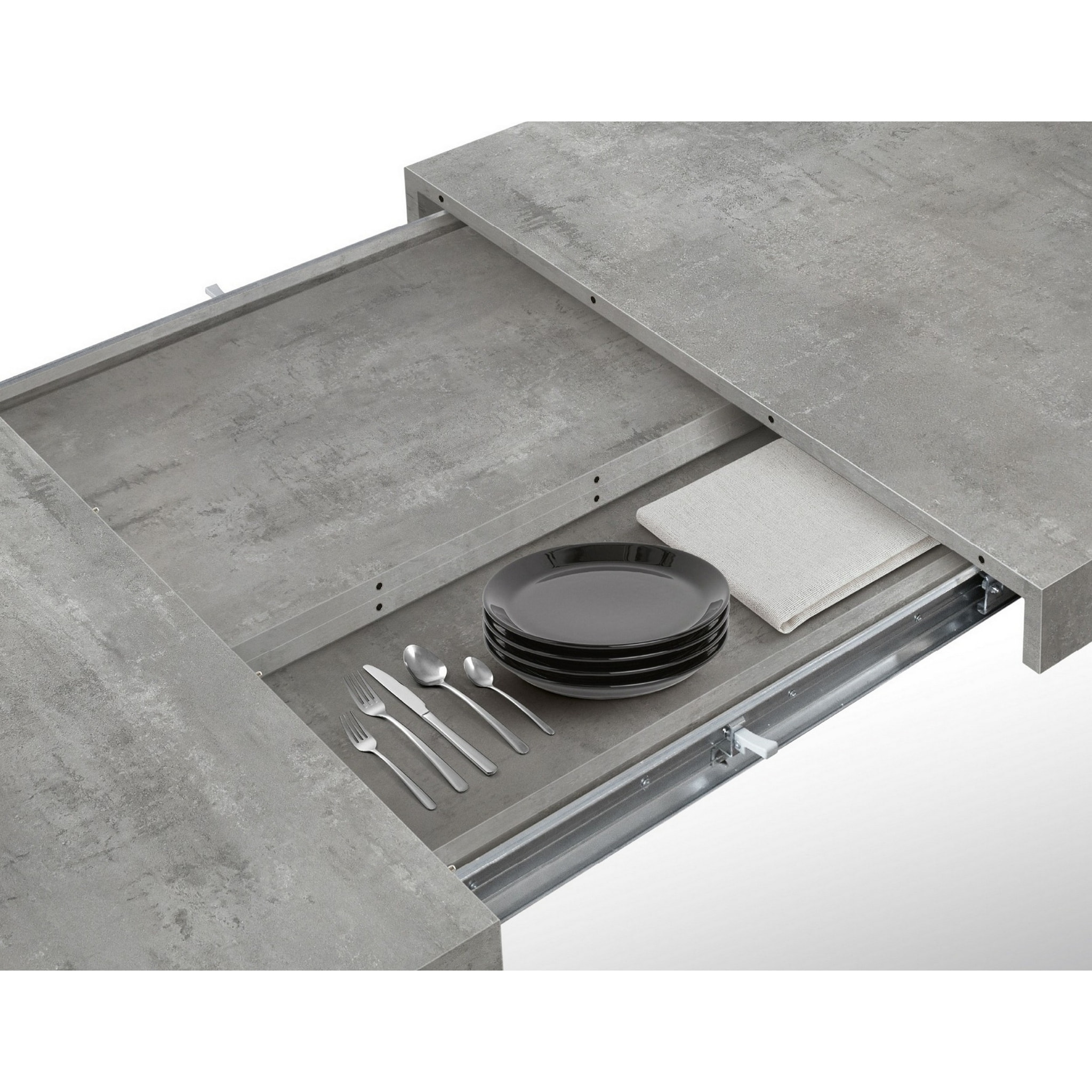 Tavolo allungabile AMALFI in legno effetto grigio cemento e gambe a X grigio cemento, allungabile 160x90 cm - 240x90 cm