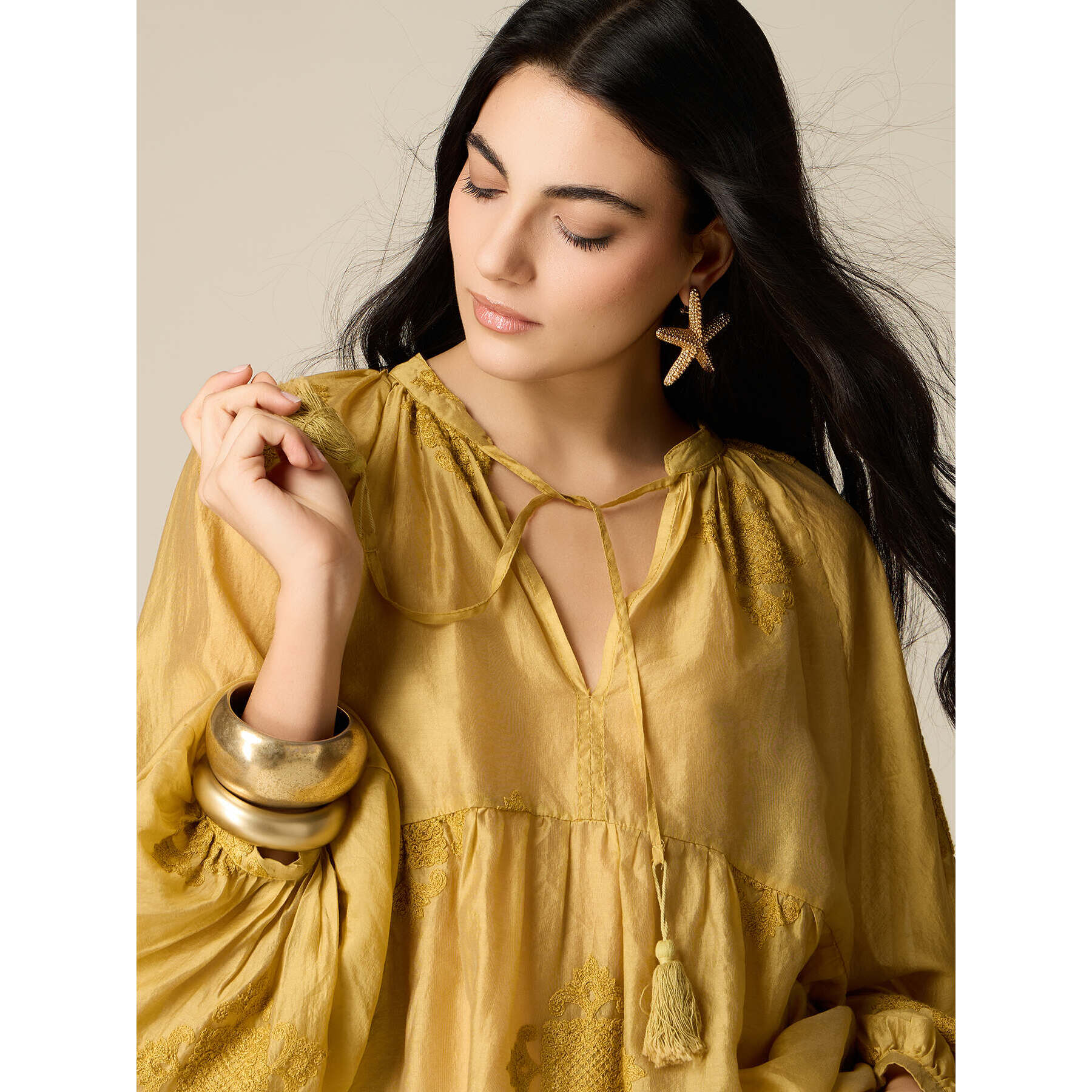 Oltre - Blusa misto lyocell con ricami - Giallo