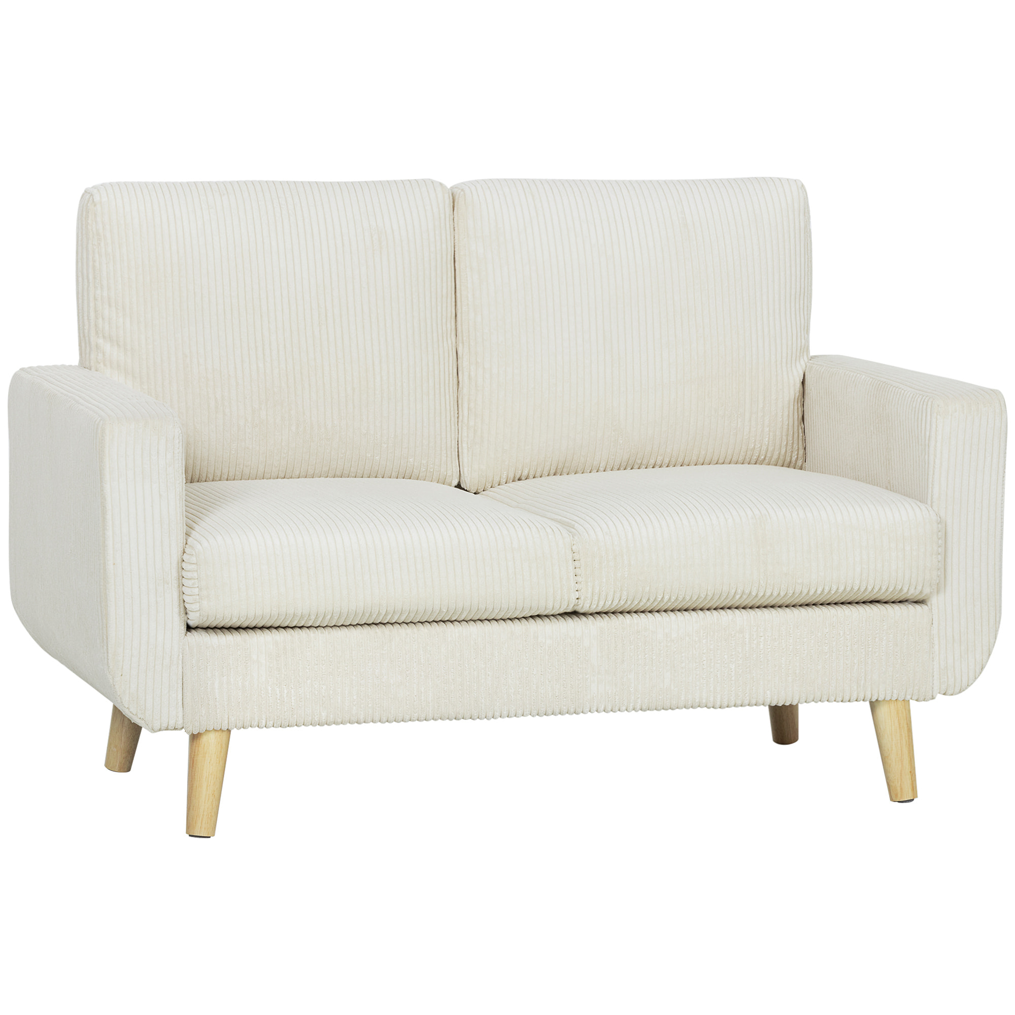 Sofá de 2 Plazas, Tapizado en Pana, Sofá Moderno con Acolchado y Respaldo Grueso, Cojines de Resortes, Patas de Madera, para Dormitorio, Oficina, Sala de Estar, 134x74x84 cm, Blanco Crema