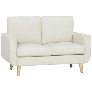 Sofá de 2 Plazas, Tapizado en Pana, Sofá Moderno con Acolchado y Respaldo Grueso, Cojines de Resortes, Patas de Madera, para Dormitorio, Oficina, Sala de Estar, 134x74x84 cm, Blanco Crema