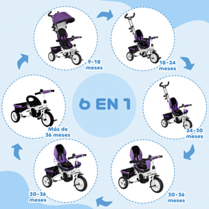 Triciclo Evolutivo para Bebés 6 en 1 Triciclo para Niños de 1-5 Años Bicicleta para Niños con Toldo Plegable Mango Telescópico y Desmontable Cinturón de Seguridad y Cesto 95x50x106 cm Violeta