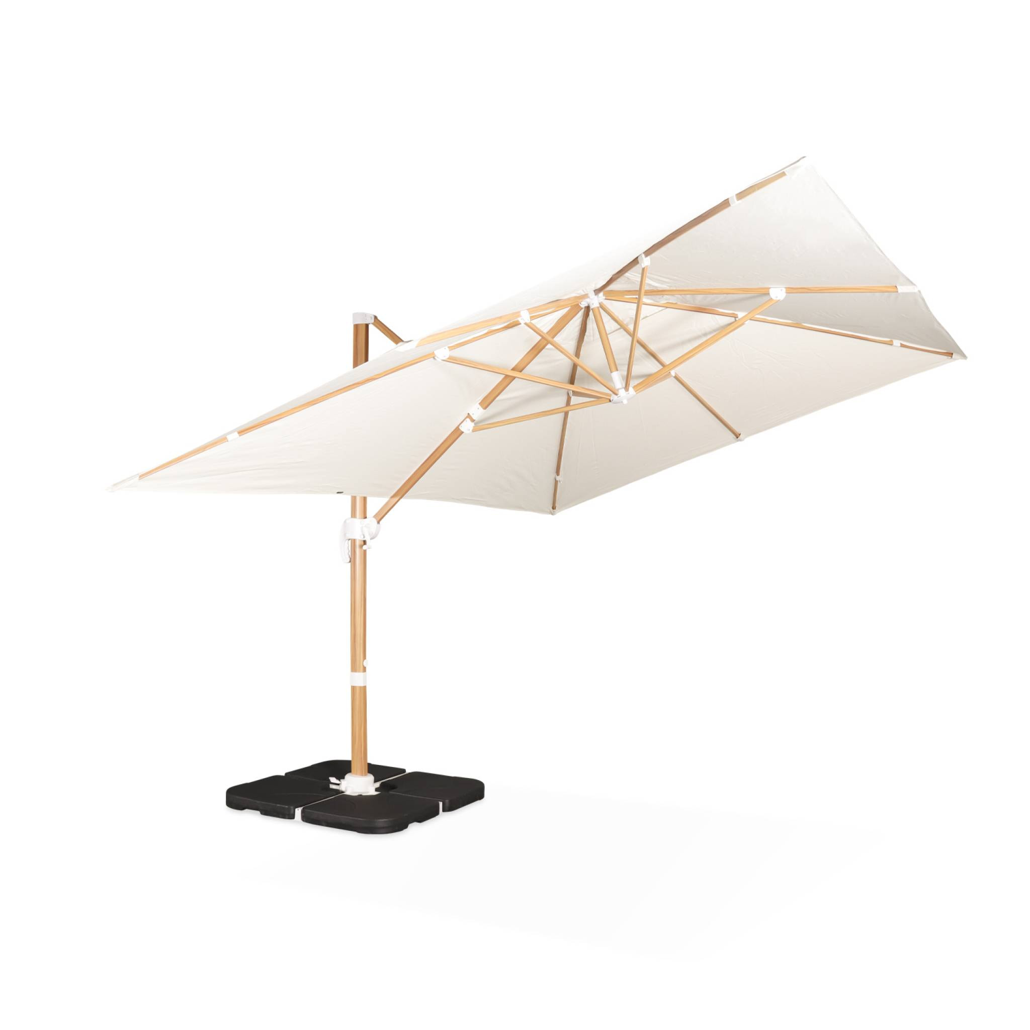 Parasol déporté rectangulaire écru 3x4m. mât effet bois + Dalles à lester 50x50cm