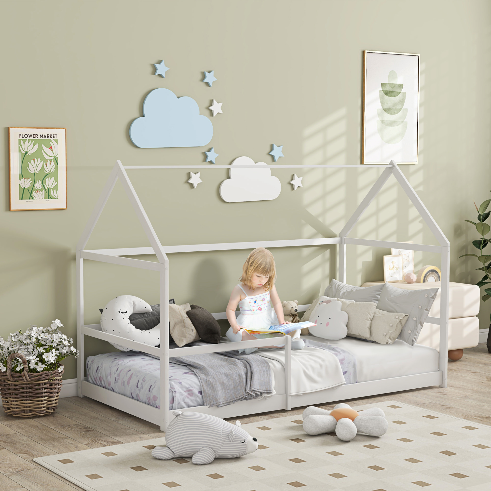 Lit cabane enfant 90x190cm - sommier et barrière inclus - bois pin panneaux blanc