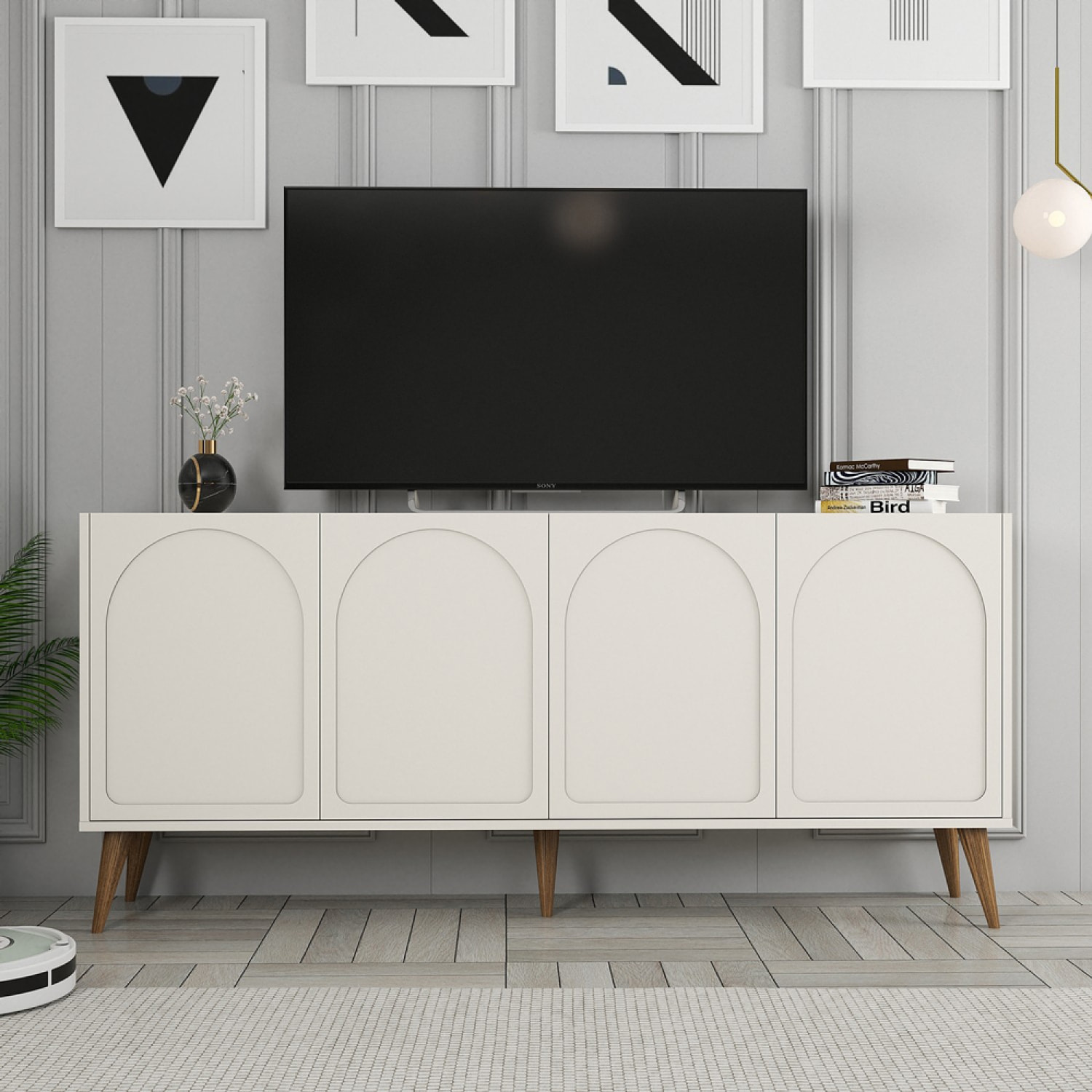 EFFY Buffet 4 portes design arrondi crème 180x81cm