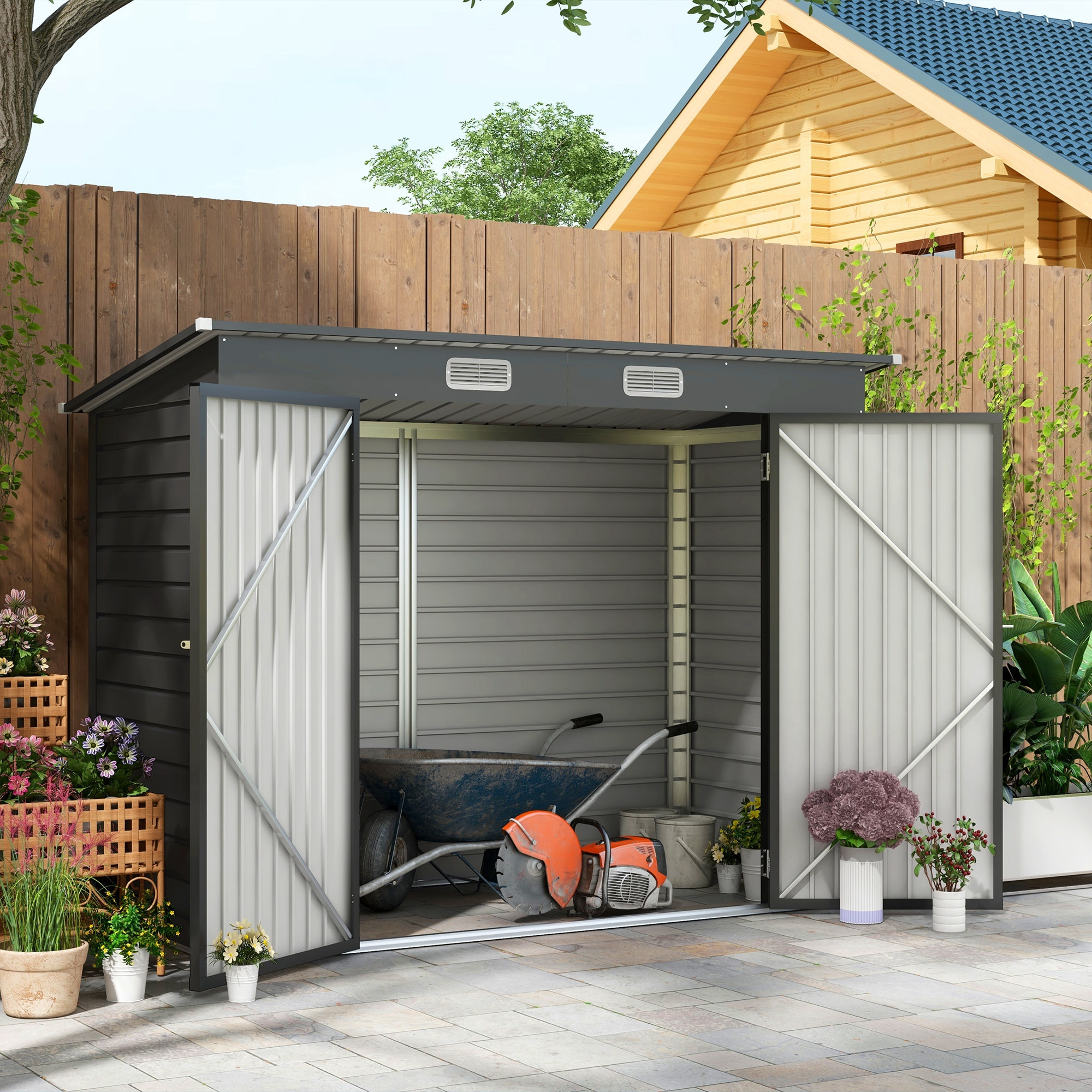 Abri de jardin 3 m² tôle d'acier 2 portes verrouillables 2 évents toit incliné anthracite