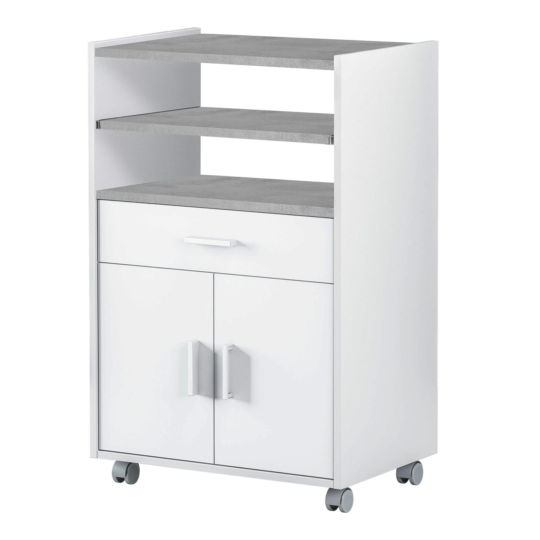 Carrello Scottsdale, Mobile ausiliare per cucina con ruote, Armadio multiuso con 2 ante e 1 ripiano, cm 59x40h92, Bianco