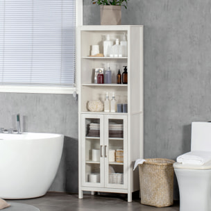 kleankin Armario Alto de Baño con 2 Puertas de Vidrio y 3 Estantes Abiertos Columna Auxiliar de Baño para Salón Aseo Dormitorio Estilo Moderno 53x30x162 cm Blanco