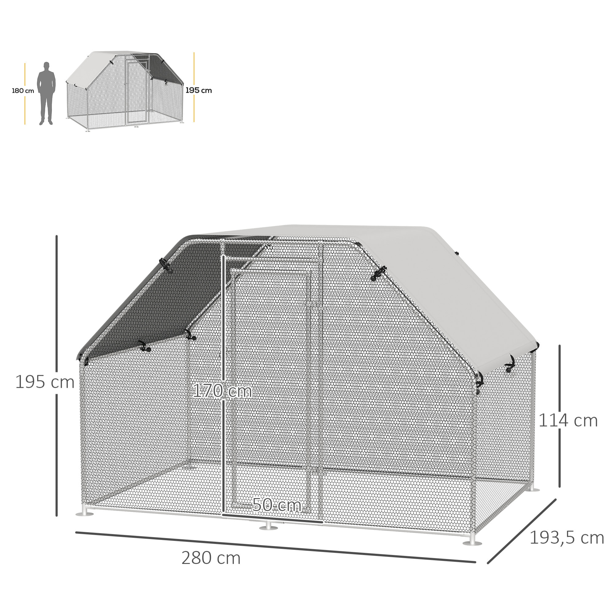 Gallinero de Metal Alambre Tela Oxford 2,8x1,9x1,95m Plata