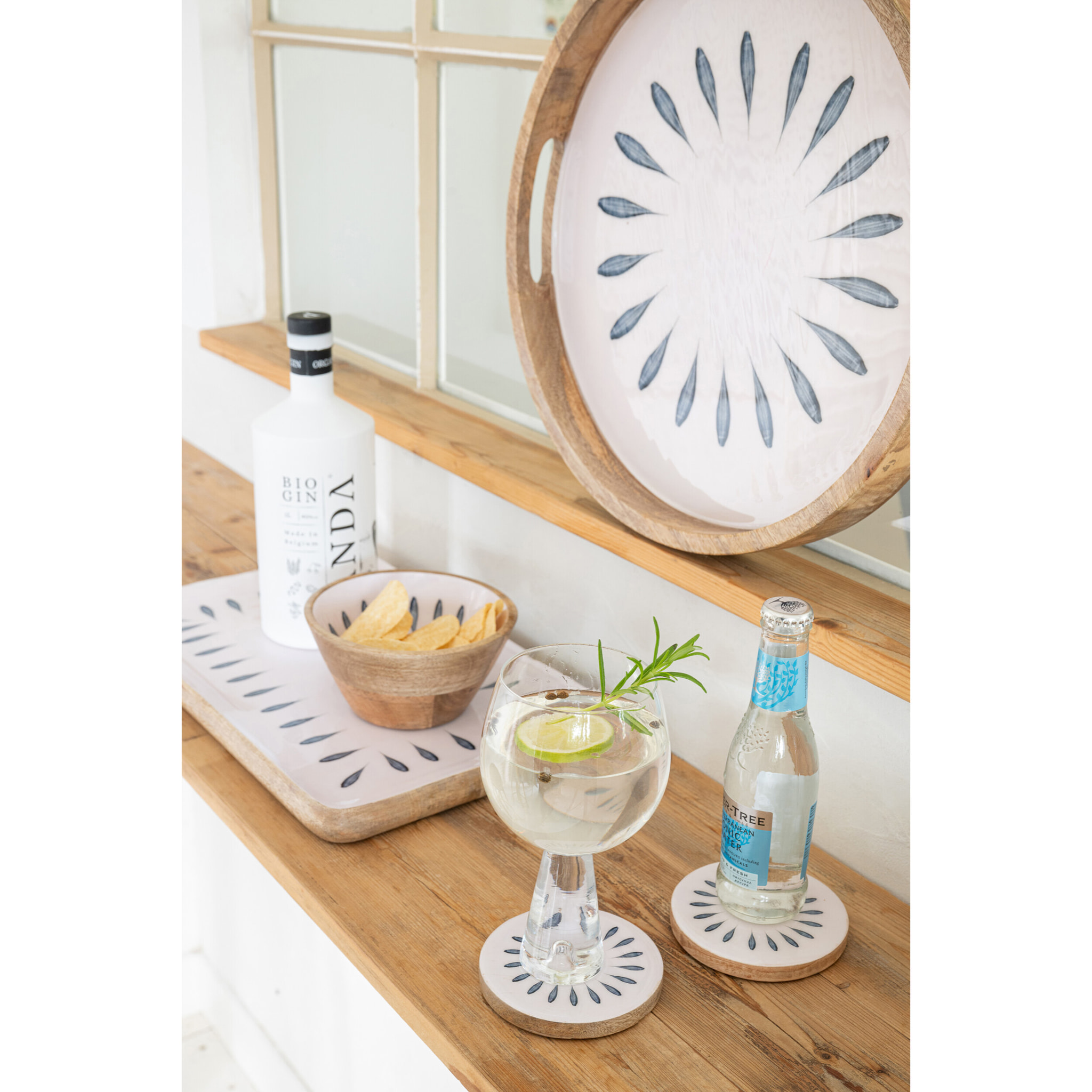 J-Line Dessous de verre Rond - bois - bleu foncé/blanc - set de 4