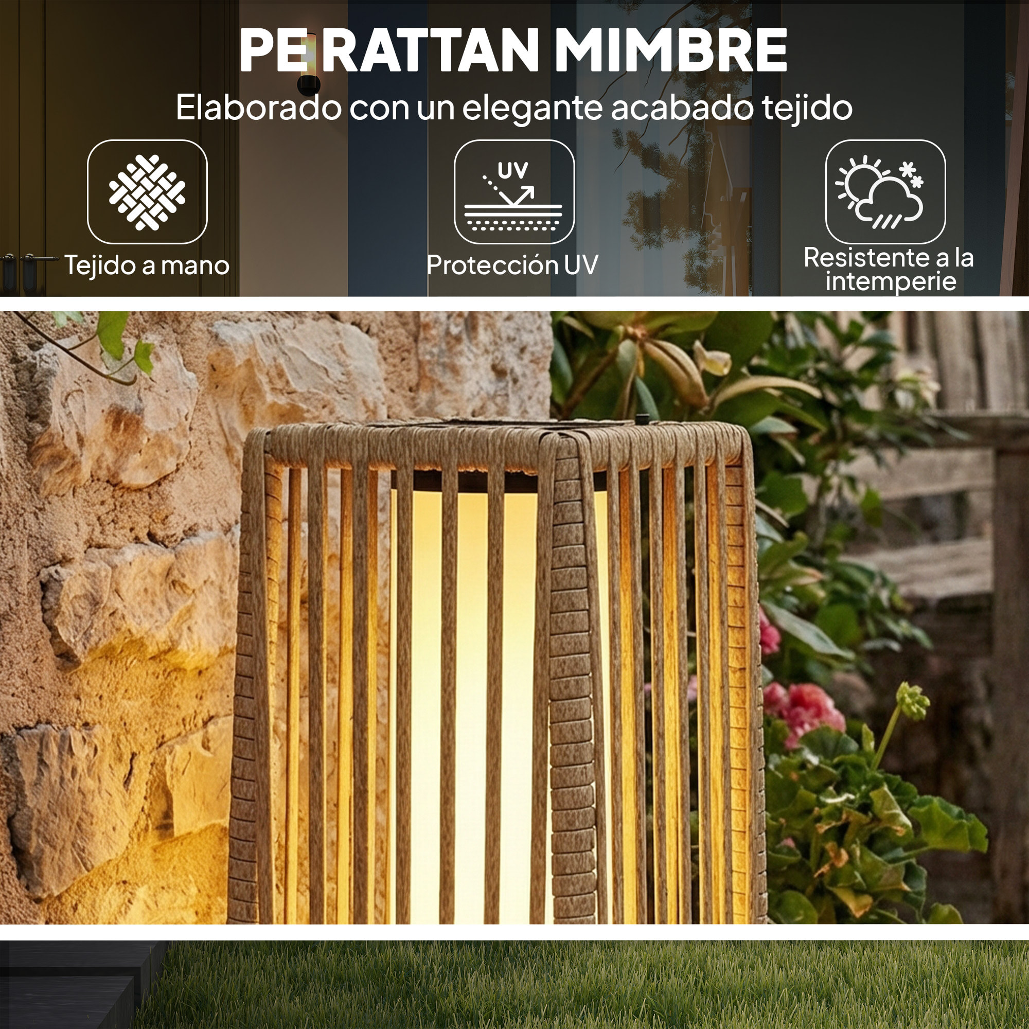 Linterna de Jardín de Ratán, Farola Solar Exterior con Luces LED Encendido y Apagado Automático, Impermeable, IP44, Lámpara de pie para Terraza, Balcón, Patio, 19x19x68 cm, Arena