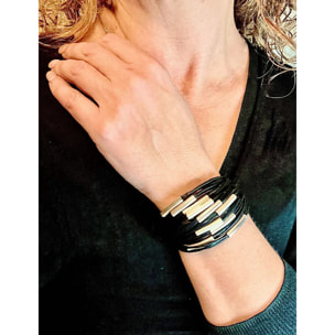 Pulsera Multitubo cordones en negro y plata chapado