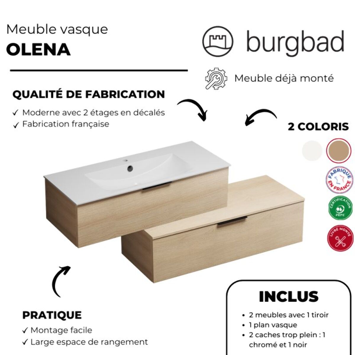 Meuble salle de bain vasque BURGBAD Olena en décaler 120 cm chêne clair + colonne