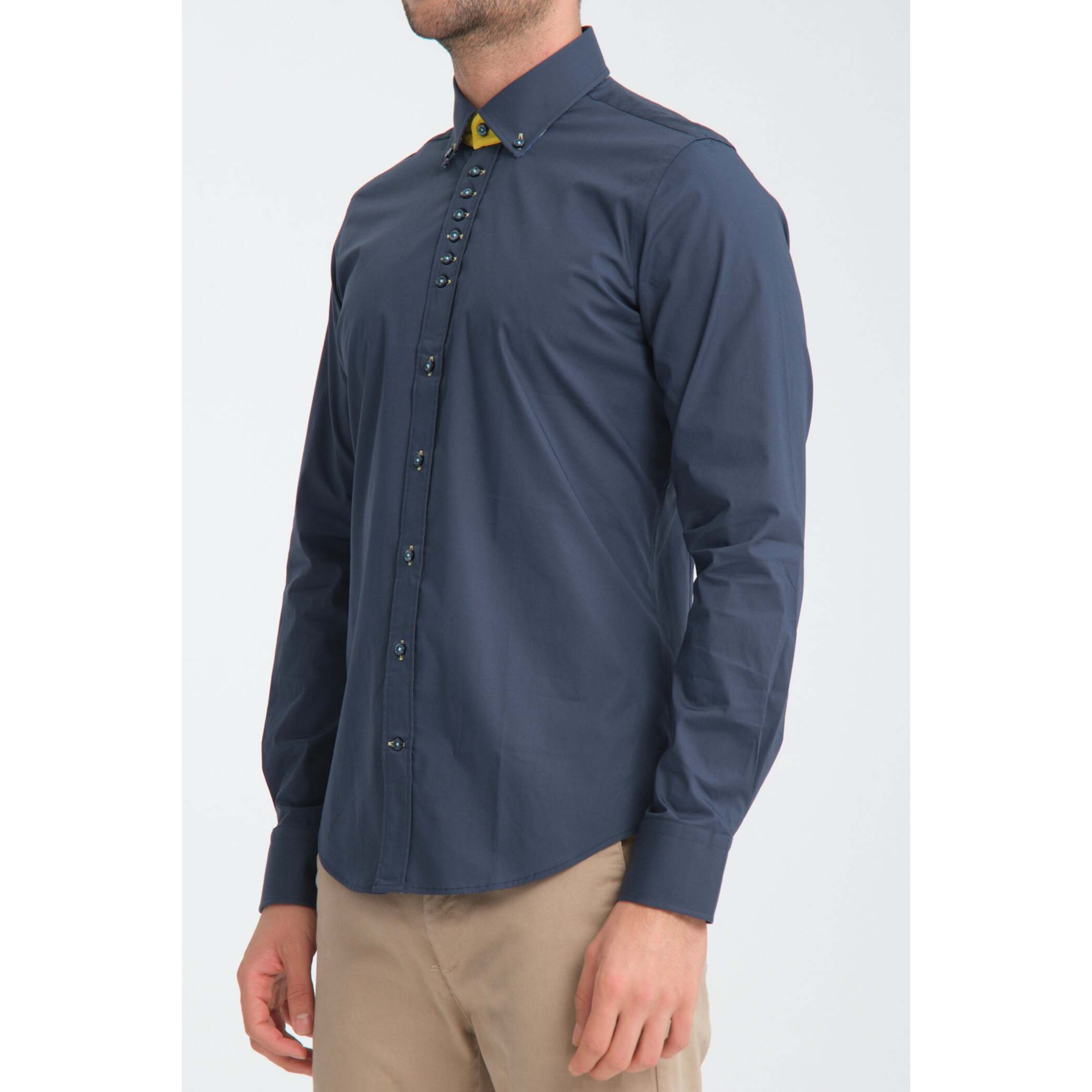 Camicia Uomo 1 Bottoni Button Down Slim Popeline Stretch Unito Blu