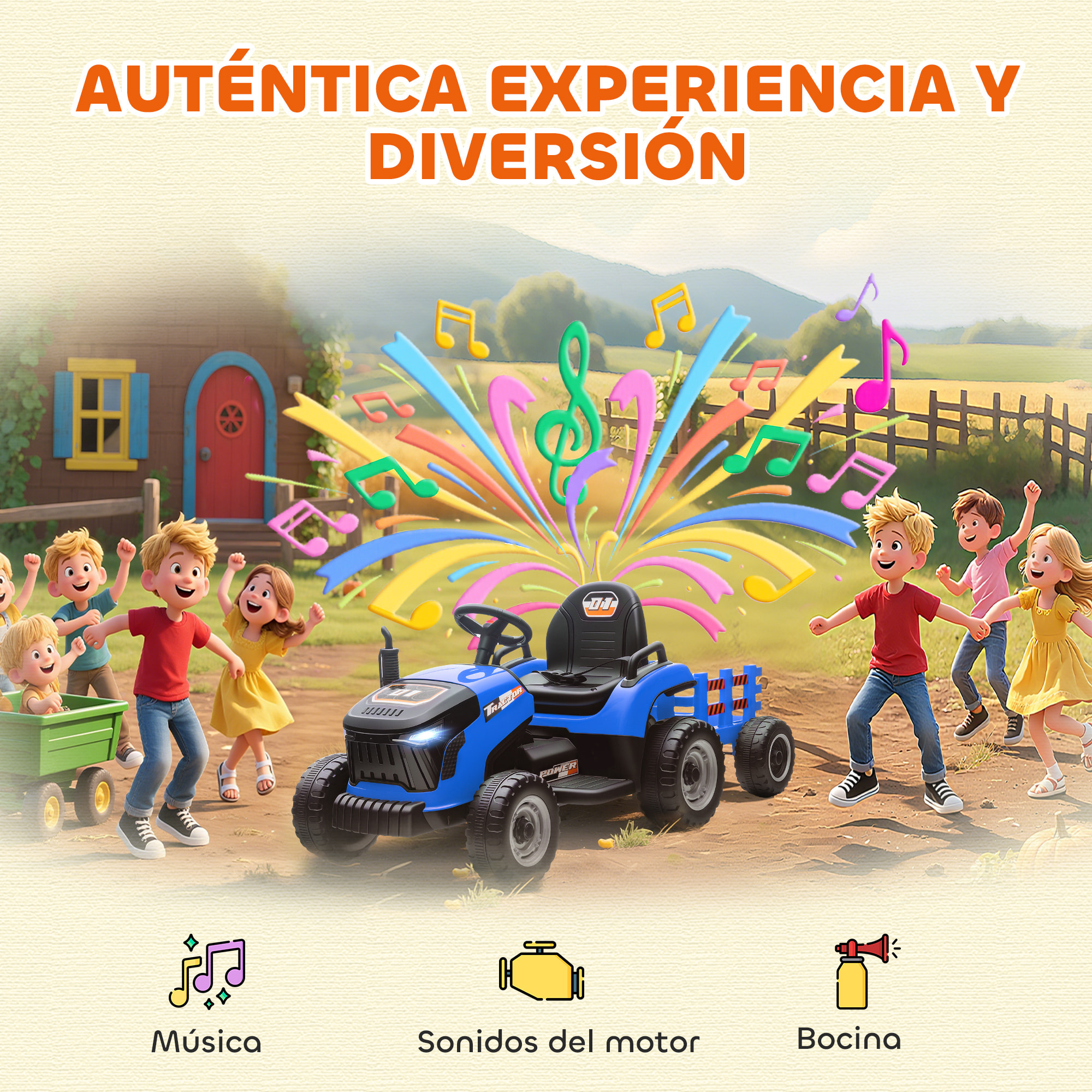 Tractor Eléctrico para Niños con Remolque Desmontable, Tractor de Juguete de Batería 12V, Velocidad 3-5 km/h, Control Remoto 2,4G, Música, Bocina, para Niños de 3-8 Años, Azul